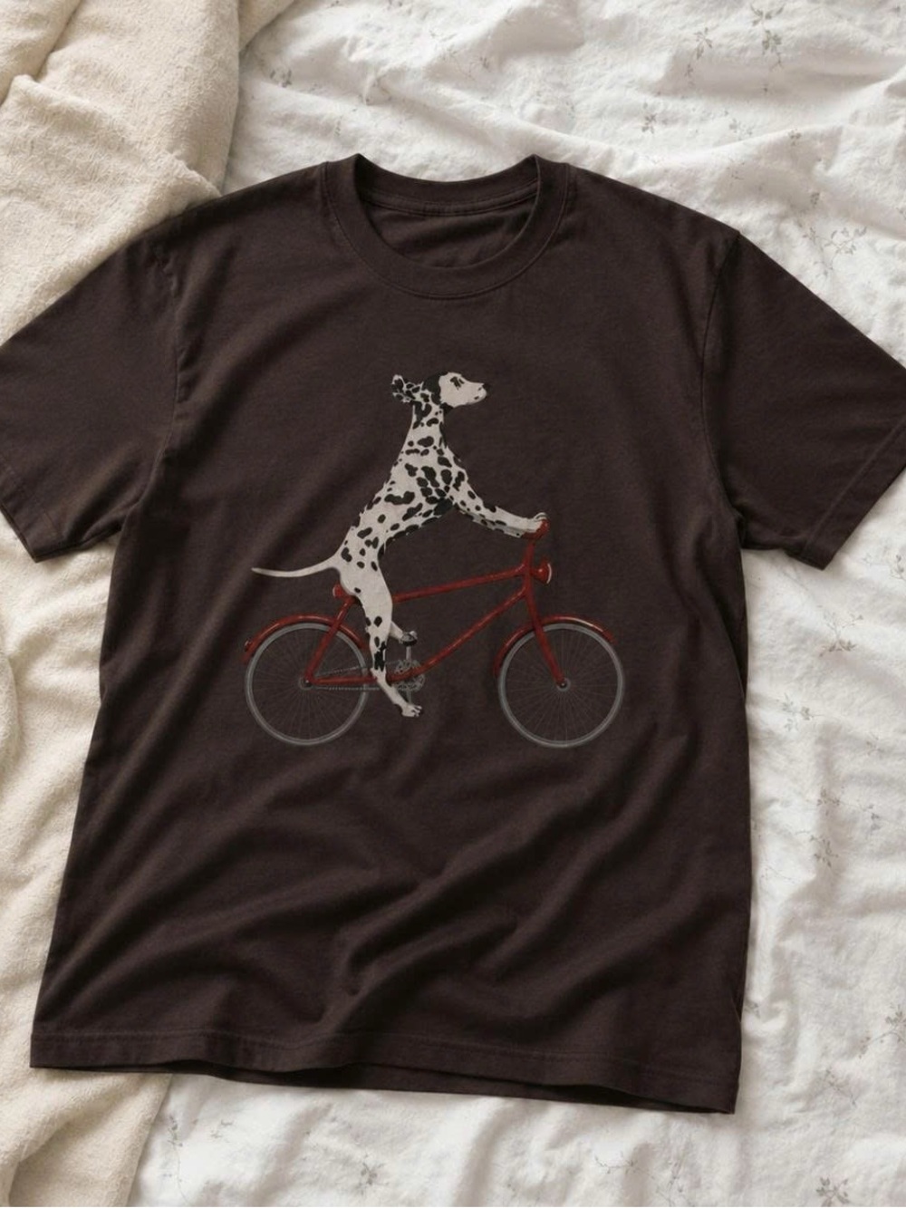 Gildan Brown Tee with White & Black Dalmatian on Red Bicycle